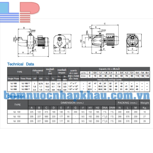 Sơ đồ kỹ thuật của máy bơm ly tâm của máy bơm tự mồi Venz VJ100M